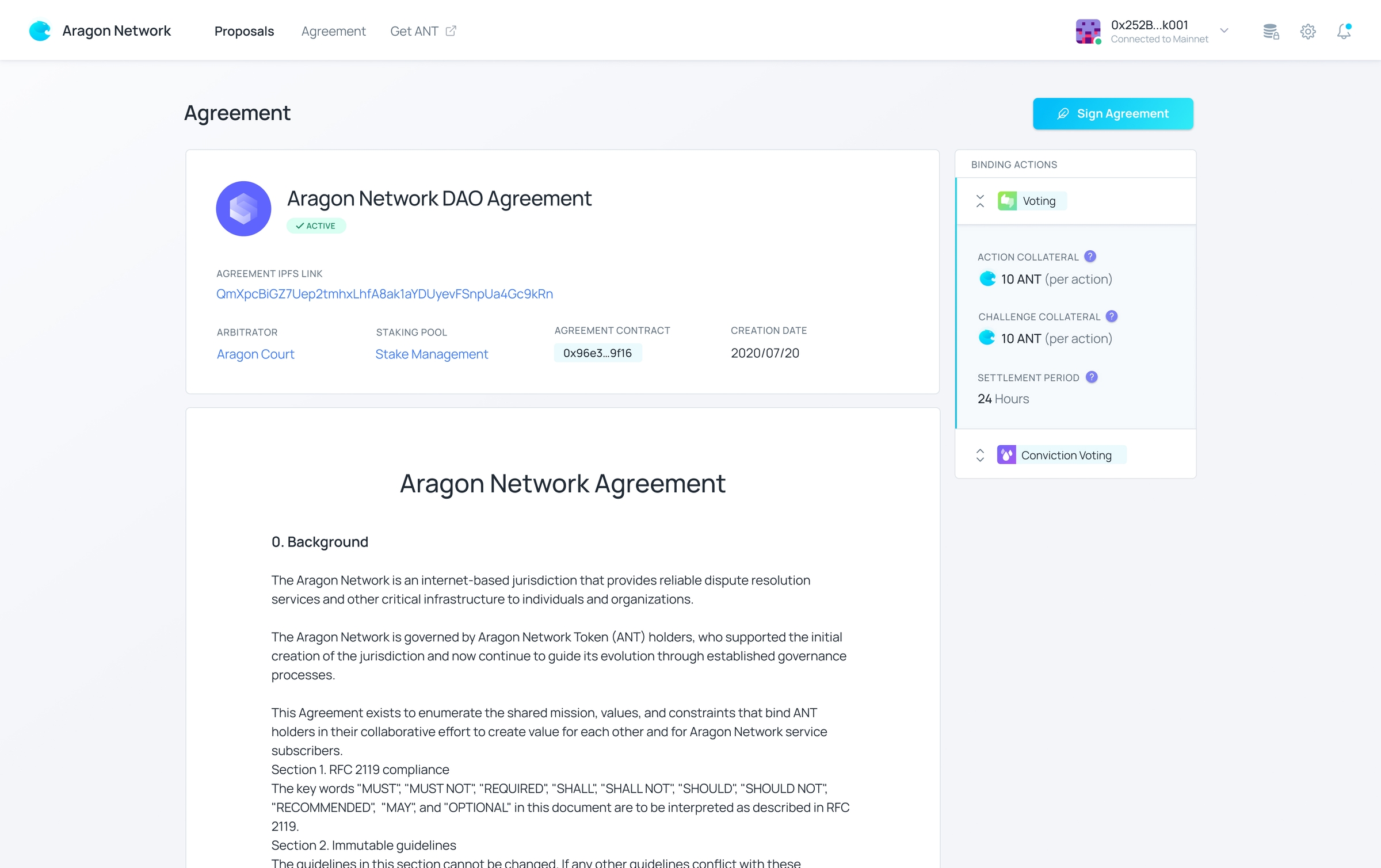 Dashboard screen showing details about an agreement