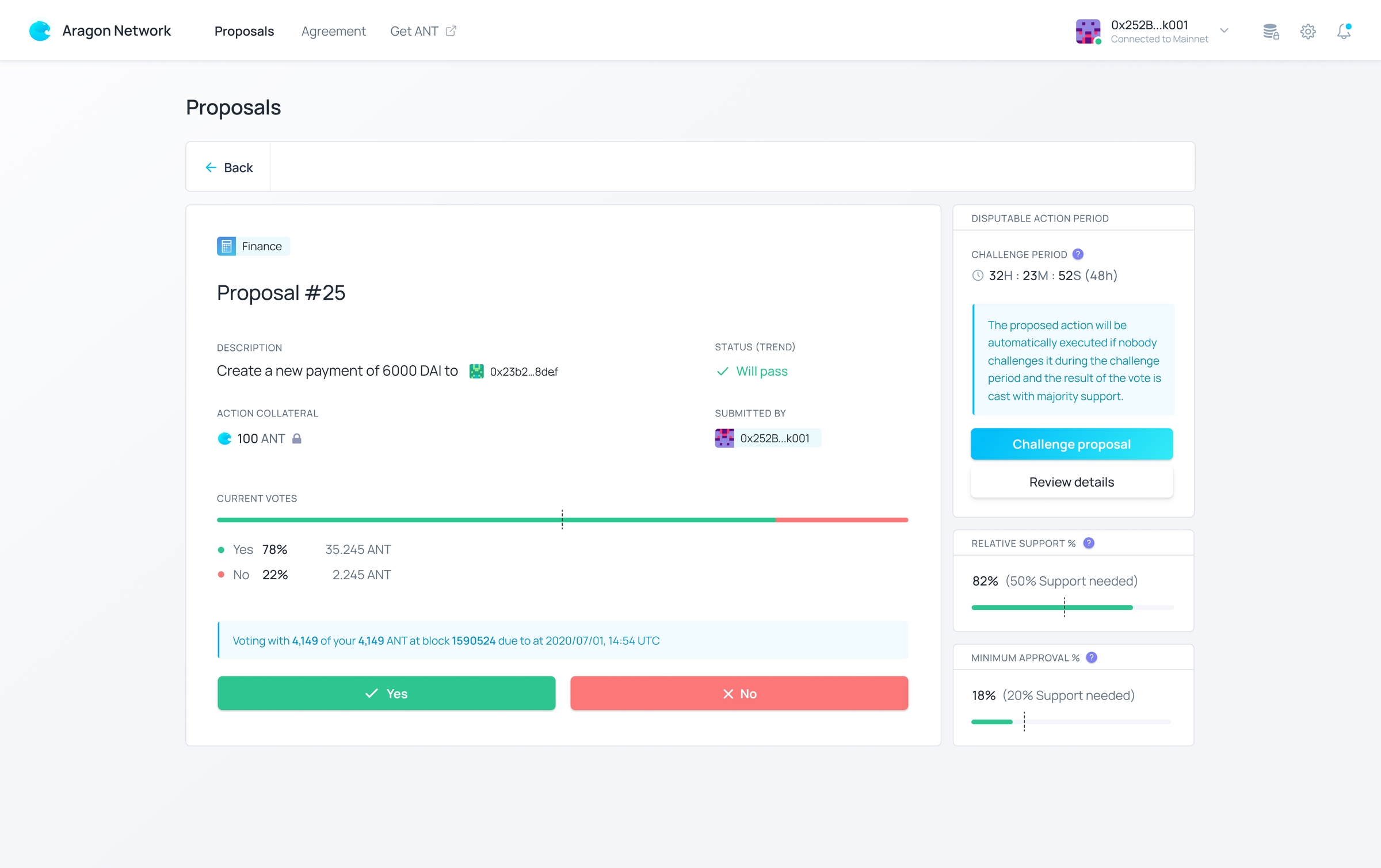 Dashboard screen showing details about a single proposal