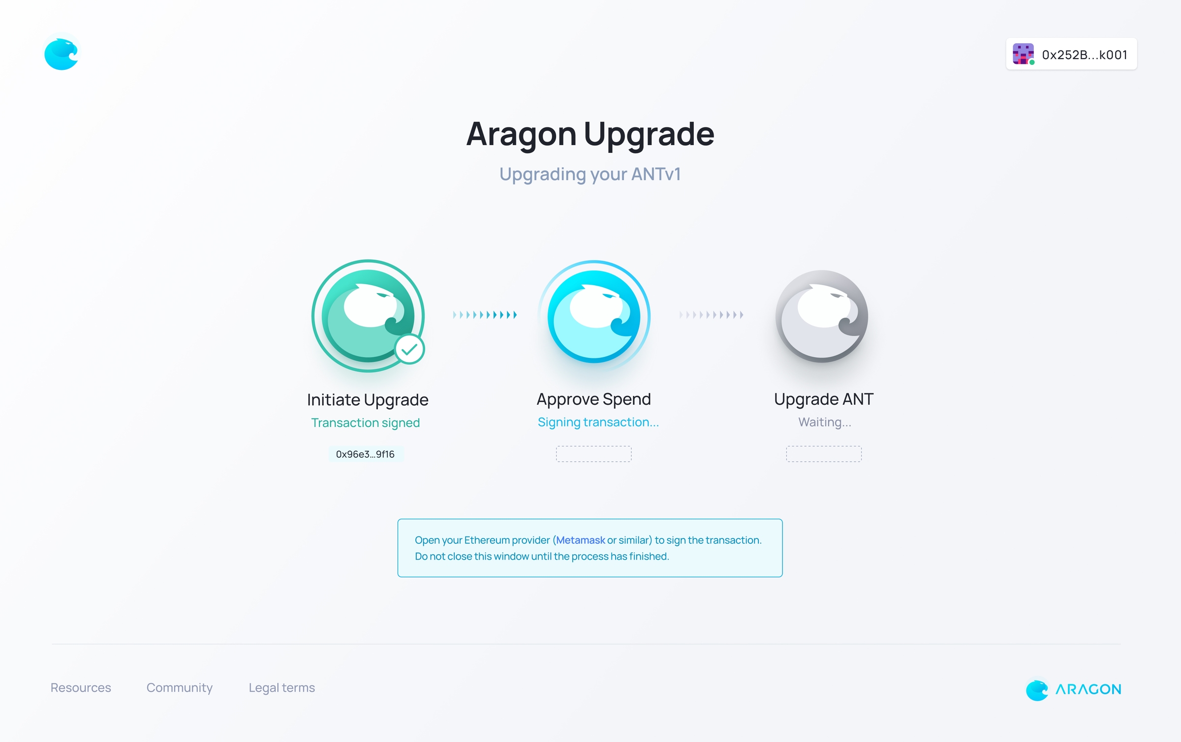 Upgrade portal transaction signing screen showing the steps needed to complete the process