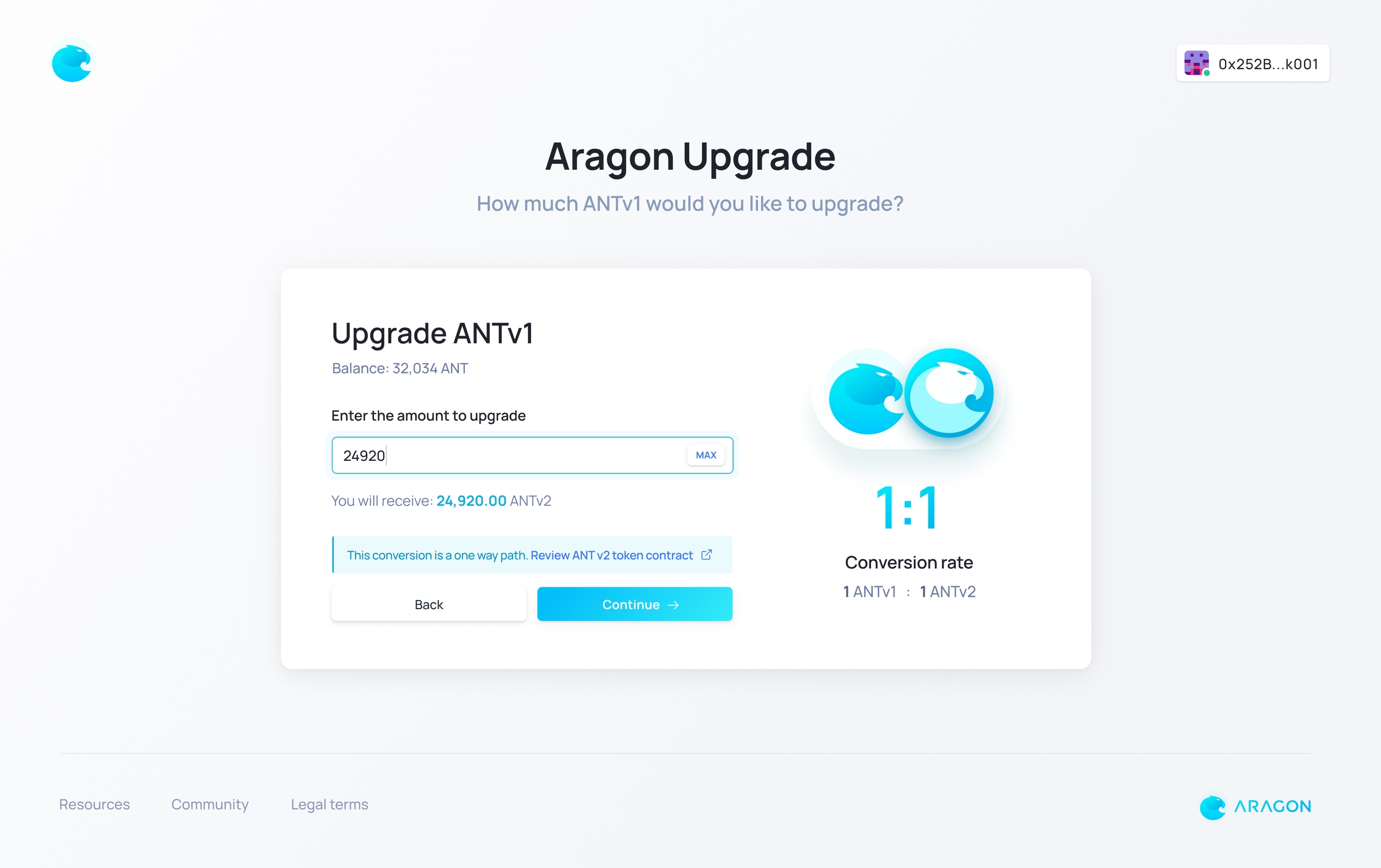 Upgrade portal converter screen showing the conversion rate and a user input for specifying an amount