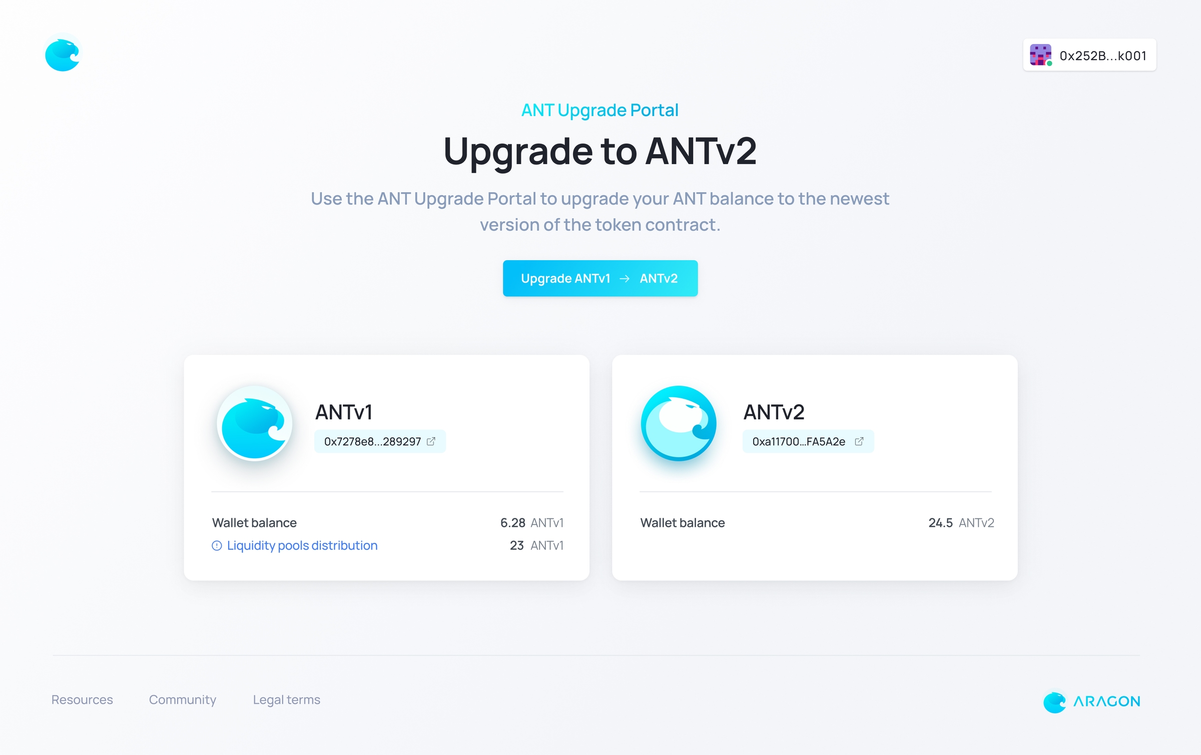 Upgrade portal home screen showing options for upgrading ANT tokens