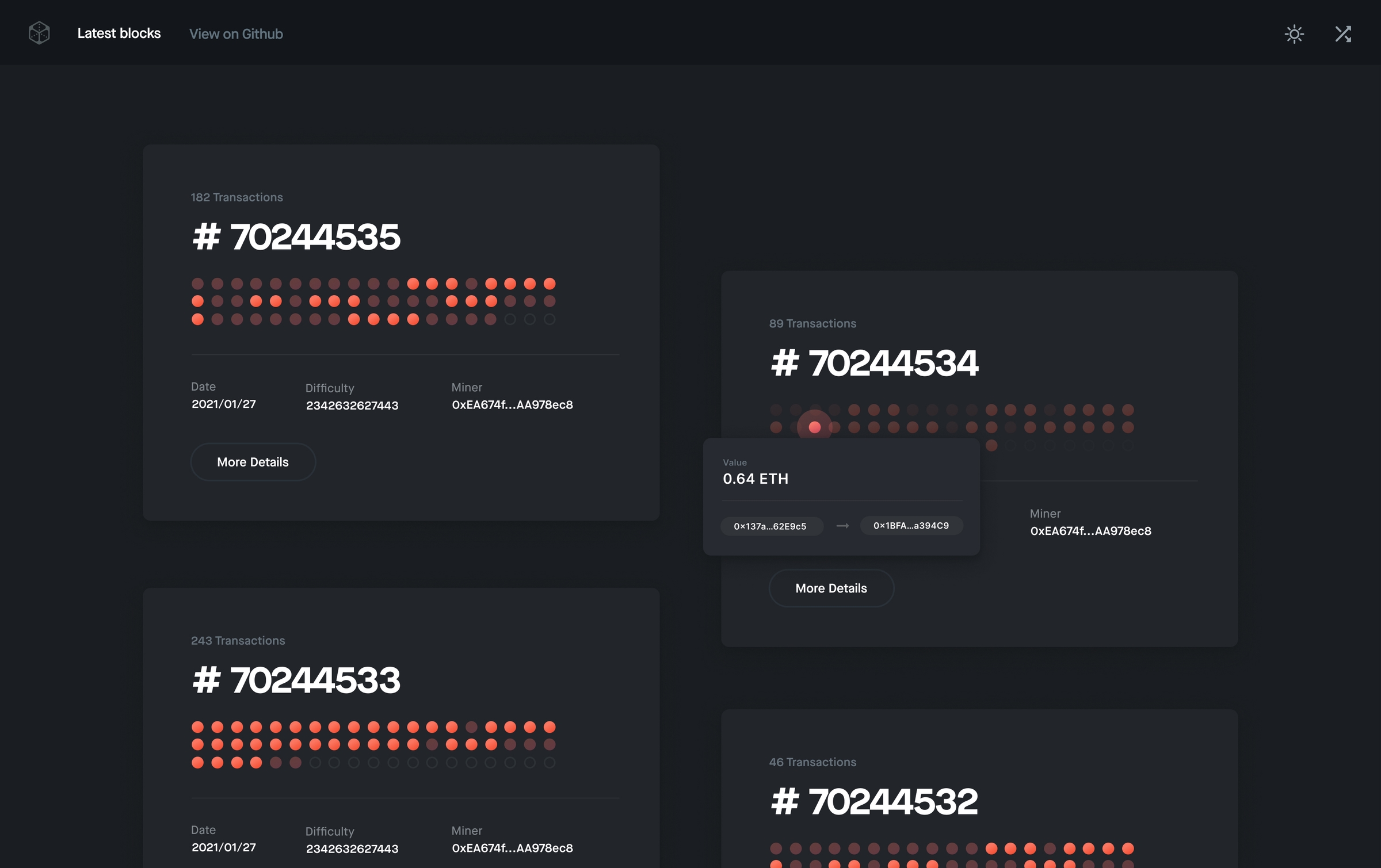 Blocks application screen showing a list of blocks with details