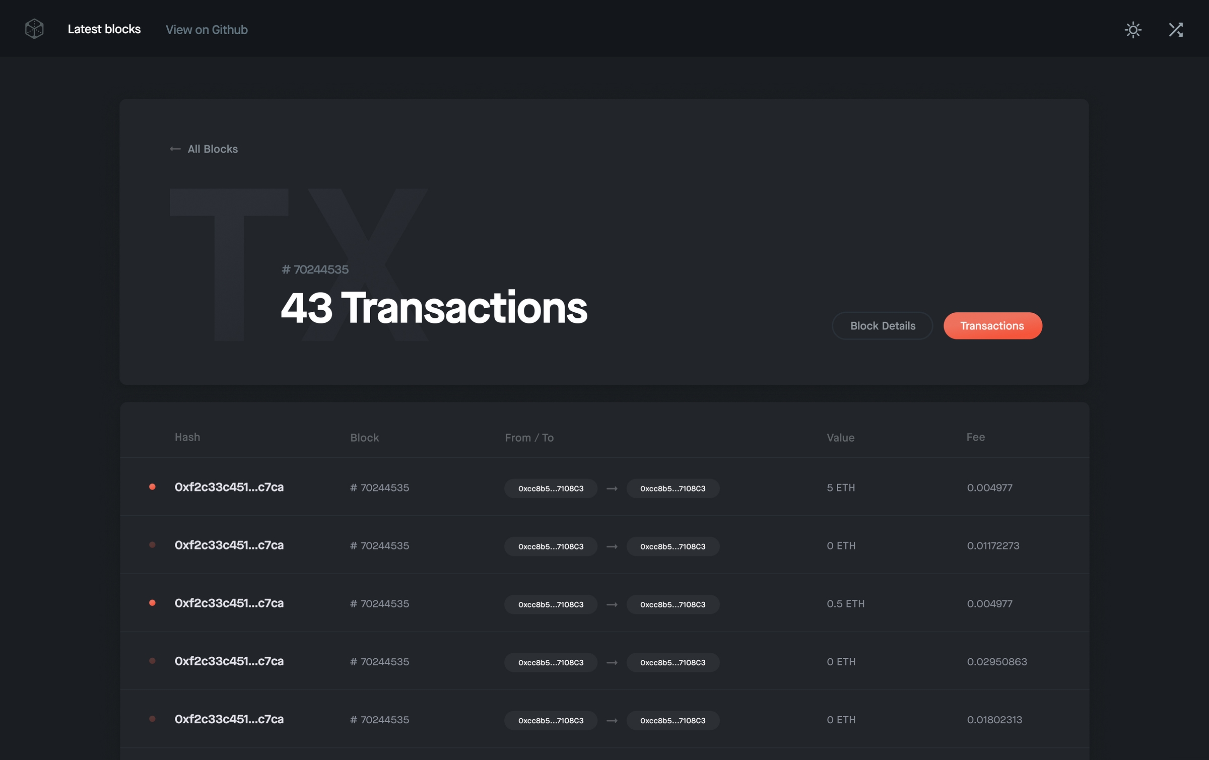 Blocks application screen showing a list of transactions associated with a block