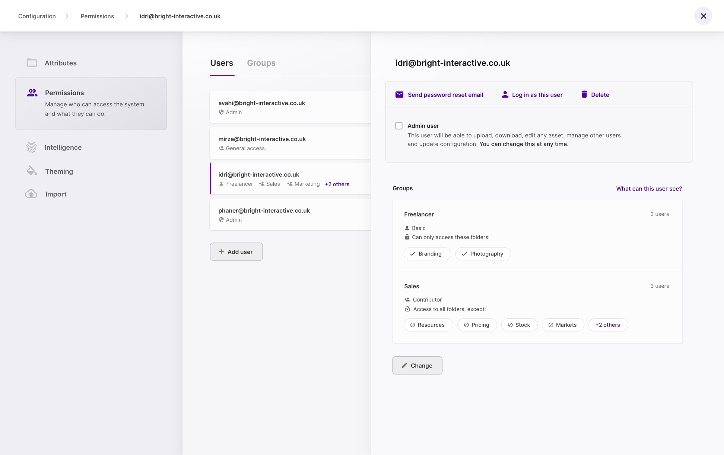 Dash admin screen showing how users can be assigned access permissions