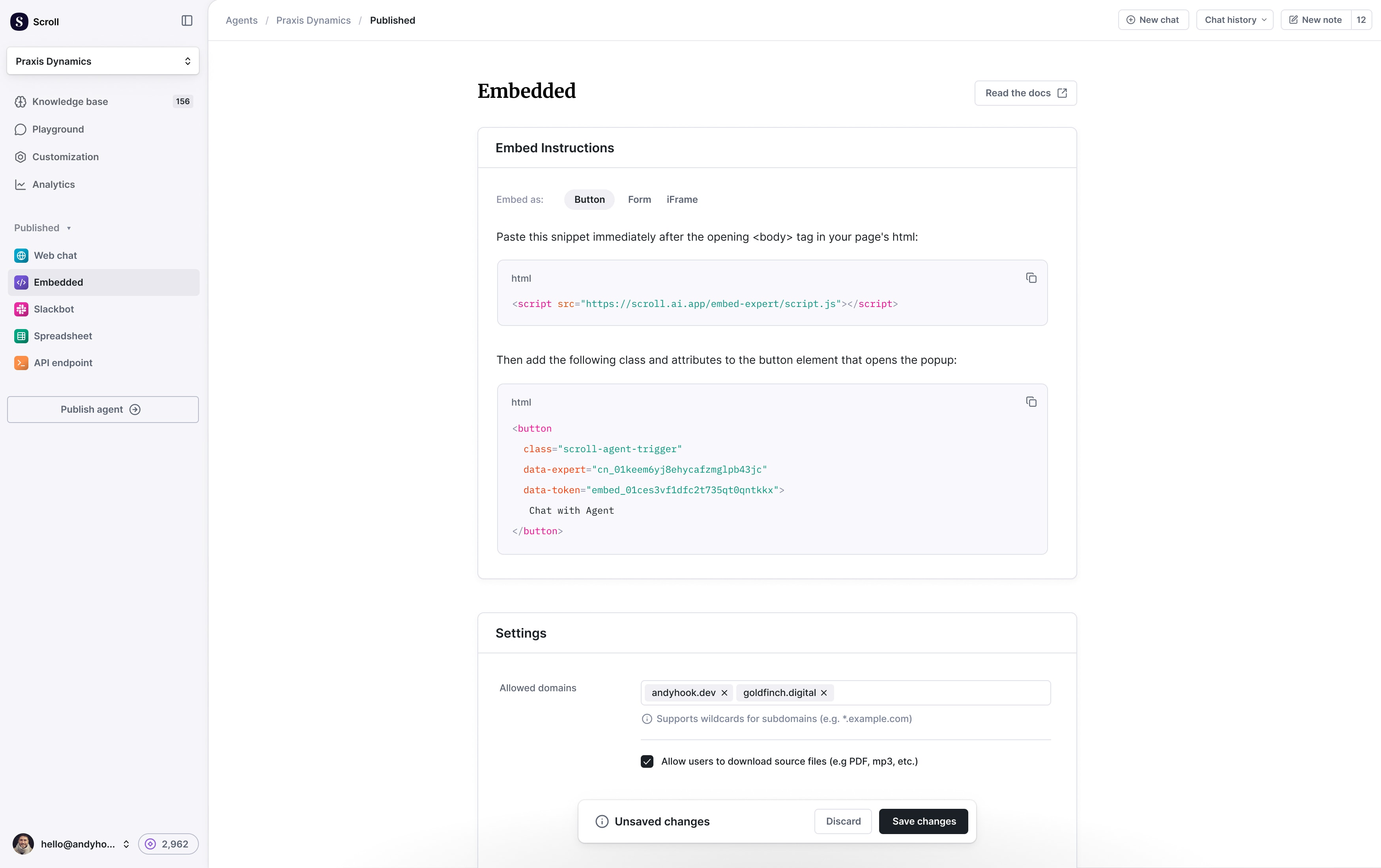 Scroll embedded publish settings screen