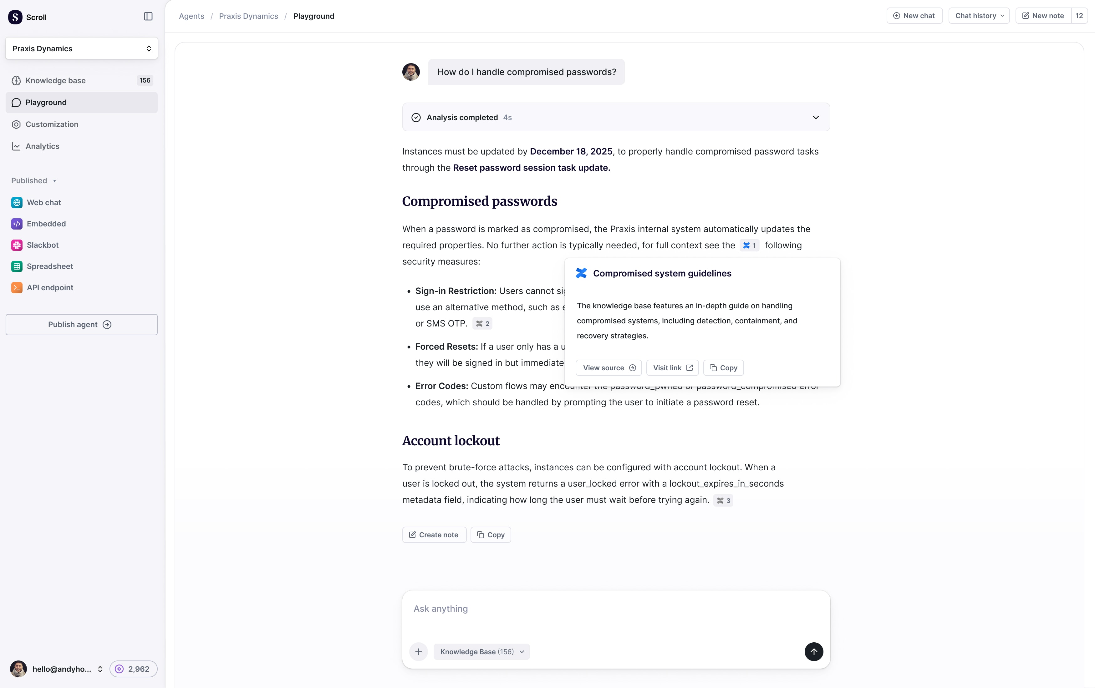 Scroll playground area with an in-progress chat