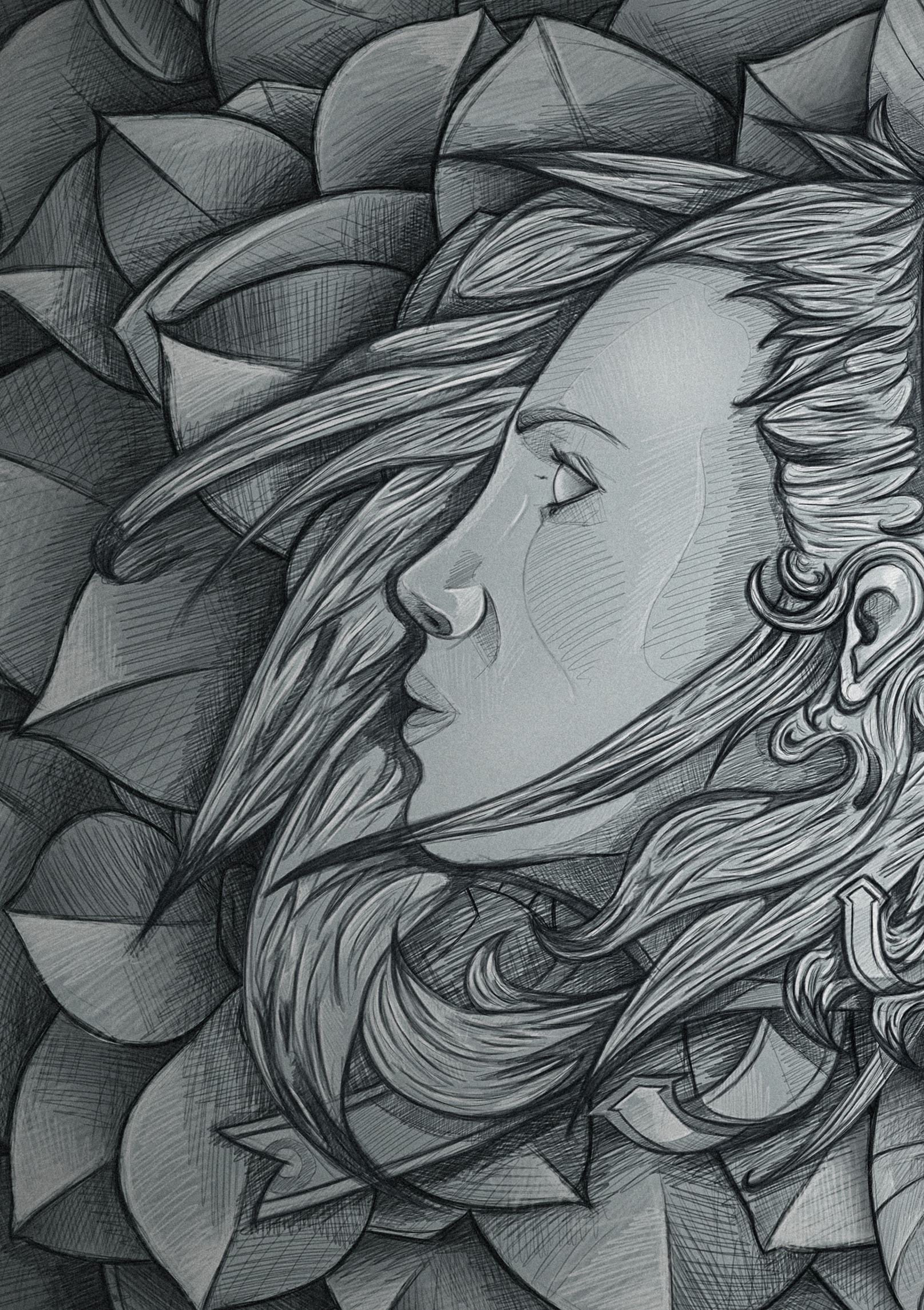 Stylised side profile of a woman with long hair