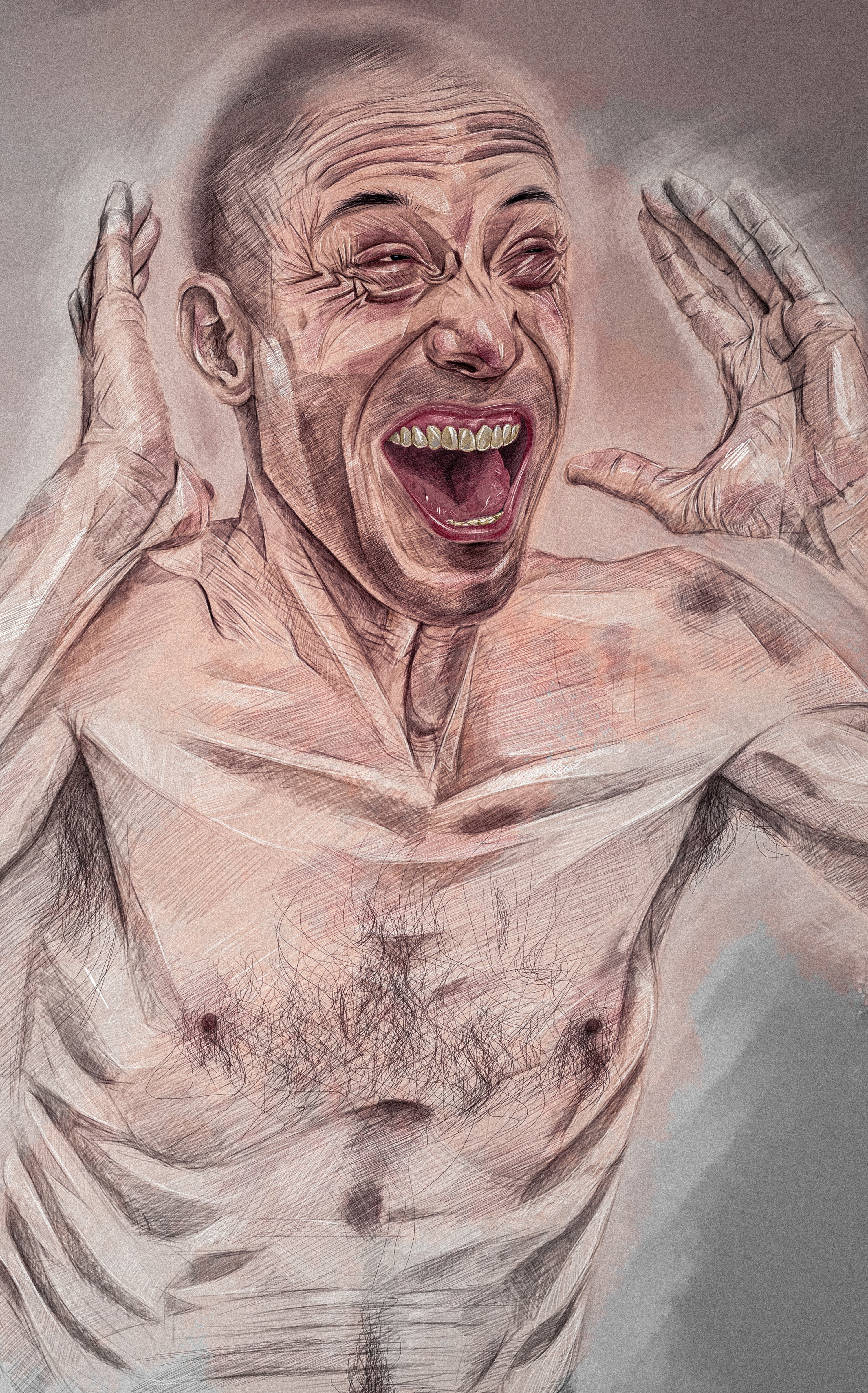 Illustration of a topless man in visible pain