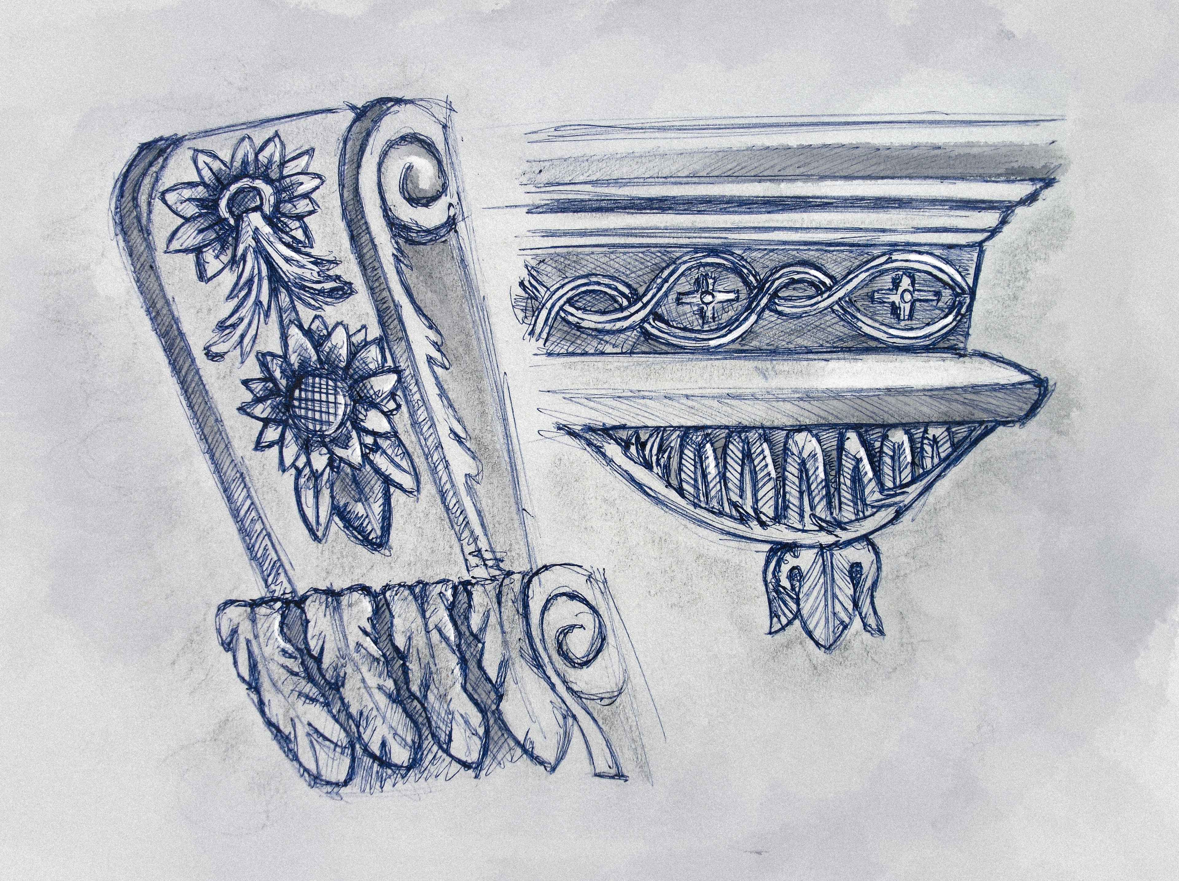 Pen sketch of naval detailing on the hull
