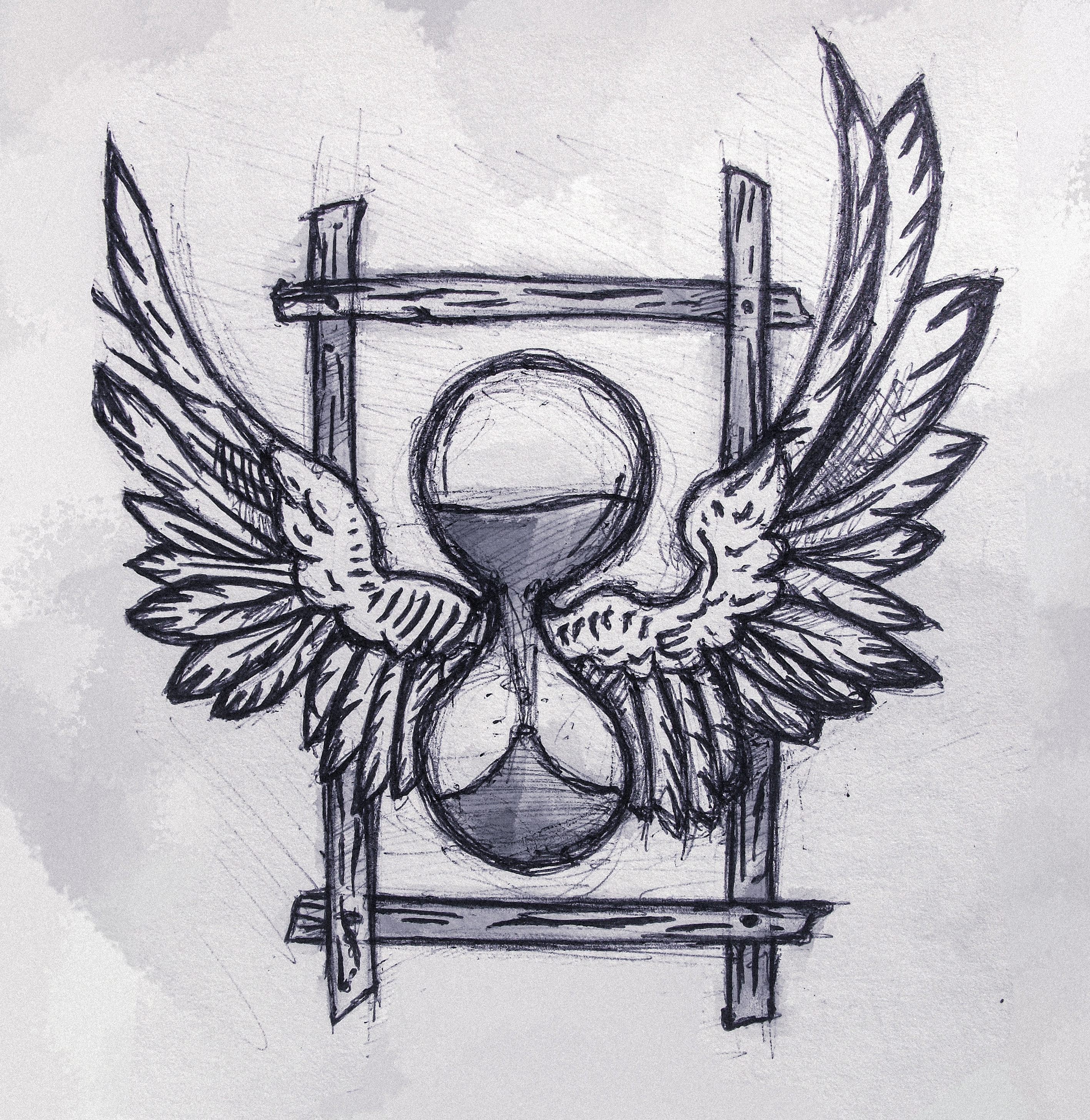 Sketch showing a sand timer with wings