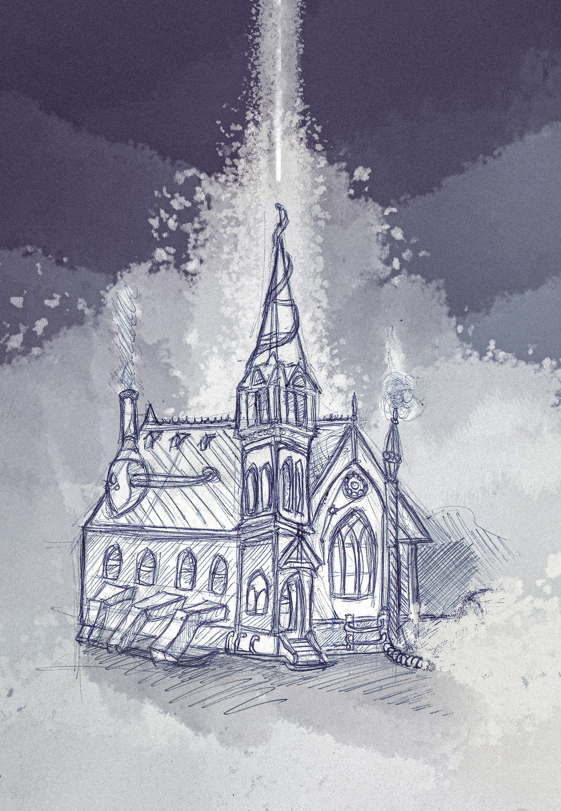 Painting of a church with a steampunk theme