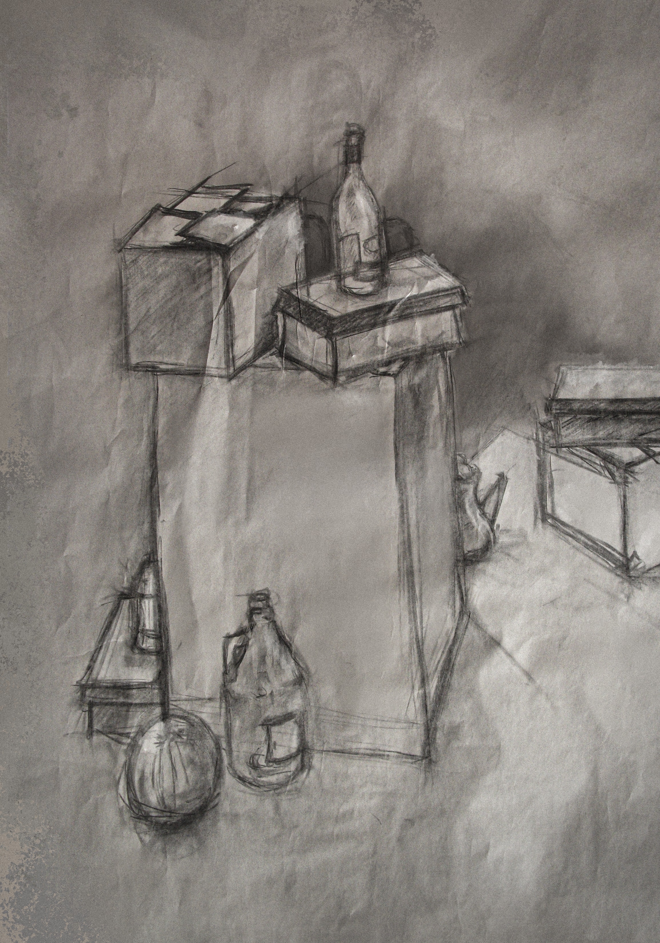 Charcoal still life of boxes and bottles