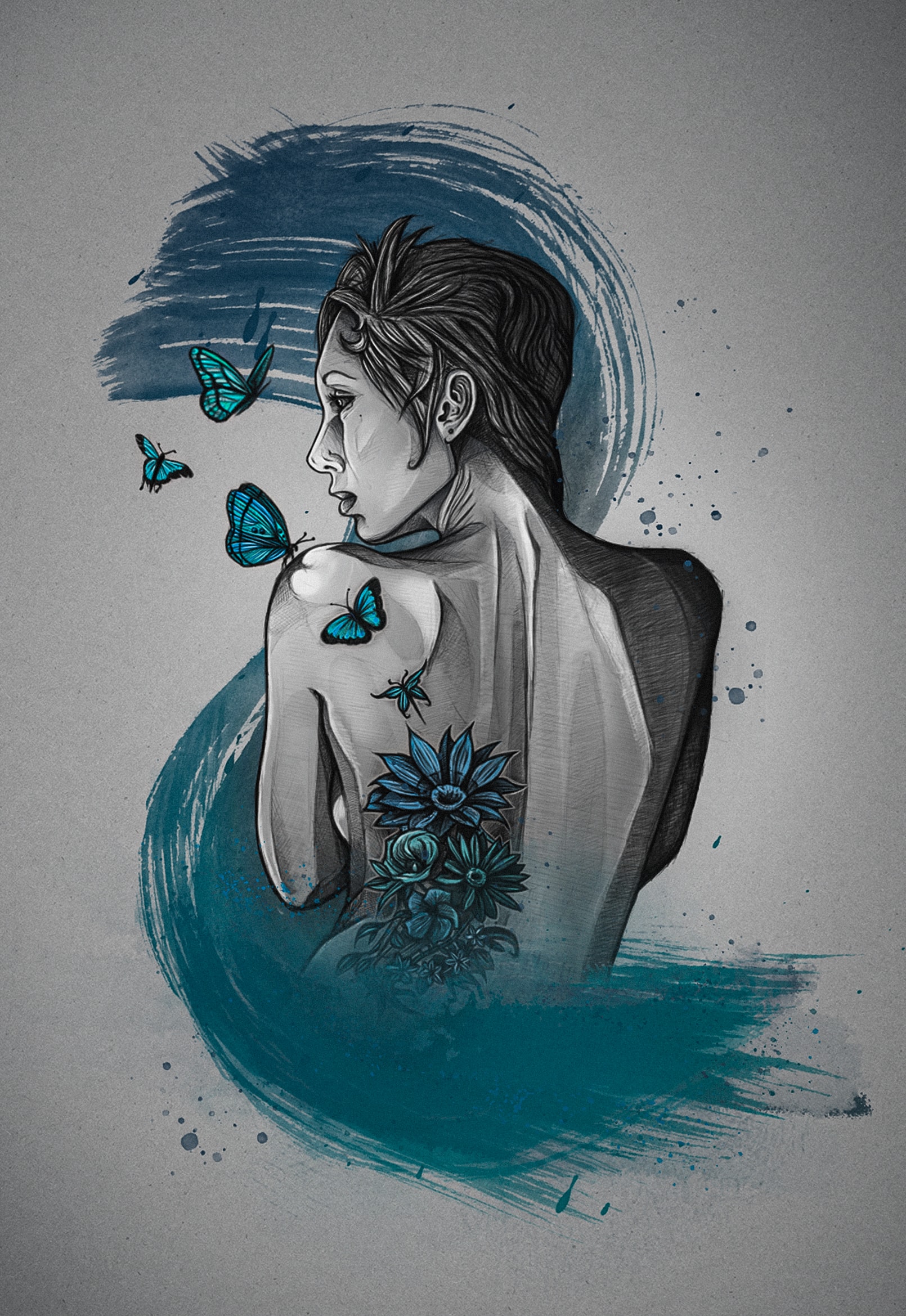 Illustration of a young woman with a tattoo that has come to life