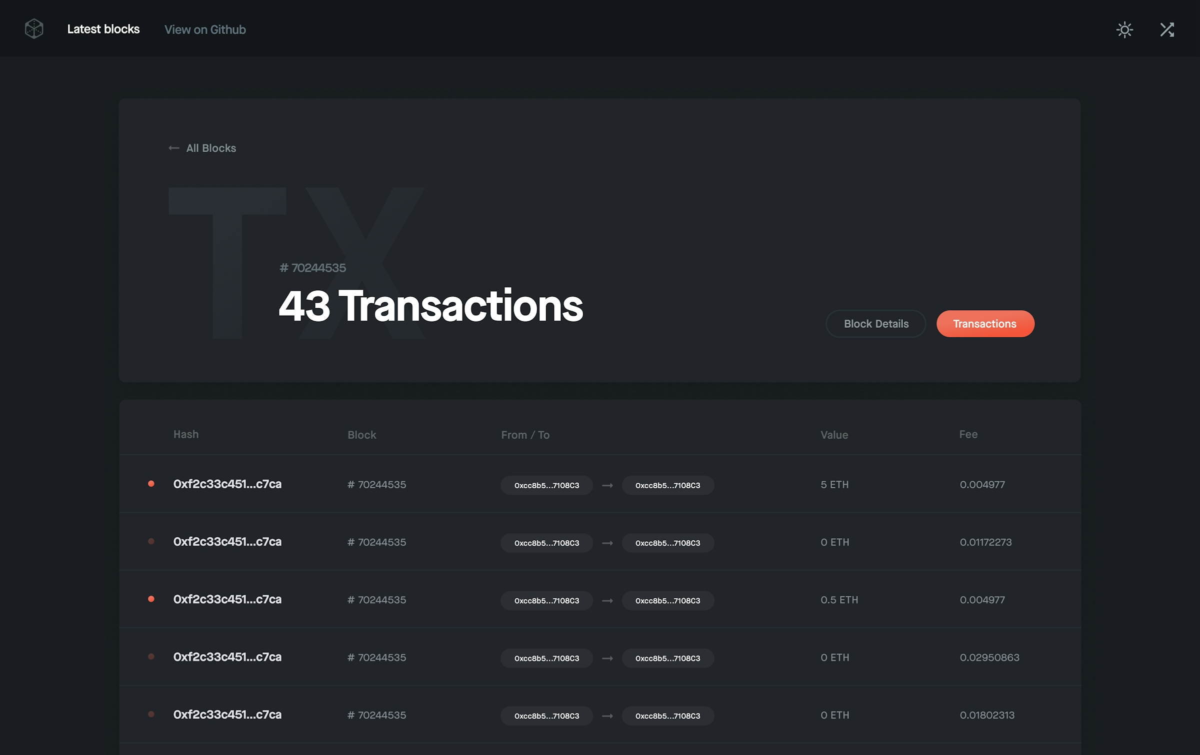 Blocks application screen showing a list of transactions associated with a block